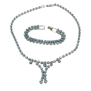Light Blue Glass Rhinestone Silver Tone Art Deco Style Necklace Bracelet Set